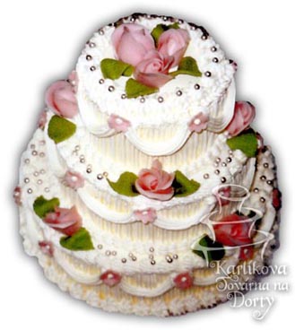 Svatební dorty – třípatrový dort s růžovými kytičkami s25